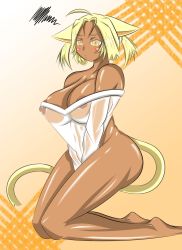 Rule 34 | 1girl, ahoge, animal ears, areola slip, bare shoulders, blonde hair, breasts, cat ears, cat girl, cat tail, covering privates, covering crotch, curvy, dark-skinned female, dark skin, female focus, highres, jh hephil, kneeling, naked shirt, nipples, no bra, original, see-through, shirt, short hair, short twintails, solo, tail, twintails, yellow eyes