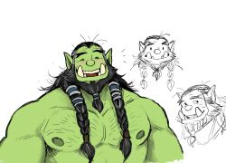 Rule 34 | 1boy, armpit hair, armpit hair peek, bara, beard, black hair, blush, braid, chibi, chibi inset, colored skin, cropped head, doodle inset, facial hair, green skin, happy, highres, large pectorals, long hair, looking at viewer, male focus, mature male, monster boy, muscular, muscular male, nipples, nude, partially colored, pectorals, pointy ears, thick eyebrows, thrall, tied beard, tusks, unkempt, upper body, urlubz, warcraft, world of warcraft