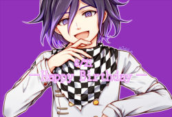 Rule 34 | 1boy, :d, black hair, checkered clothes, checkered neckwear, checkered scarf, danganronpa (series), danganronpa v3: killing harmony, dated, grey jacket, hair between eyes, hand on own chin, hand up, happy birthday, jacket, long sleeves, looking at viewer, male focus, meipoi, open mouth, oma kokichi, purple background, purple eyes, purple hair, scarf, simple background, smile, solo, straitjacket, upper body