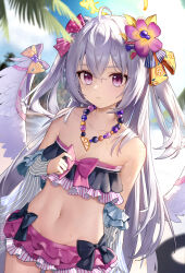 Rule 34 | absurdres, ahoge, azusa (blue archive), azusa (swimsuit) (blue archive), beach, bead necklace, beads, bikini, blue archive, bow, flat chest, flower, frilled bikini, frills, grey hair, hair flower, hair ornament, halo, highres, jewelry, long hair, navel, necklace, oeuia, purple bow, swimsuit, wet, white wings, wings, yellow halo