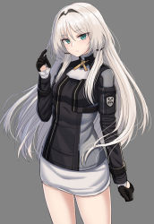 Rule 34 | 1girl, an-94 (girls&#039; frontline), black gloves, blue eyes, blush, breasts, closed mouth, girls&#039; frontline, gloves, grey background, highres, long hair, long sleeves, sidelocks, silver hair, simple background, skirt, small breasts, solo, tactical clothes, white skirt, yakob labo