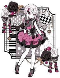 Rule 34 | 1girl, artist name, balloon, black flower, black footwear, black rose, black socks, bow, colored skin, commentary request, dot nose, dress, dress bow, dress flower, elina (e2n04n), flower, flower (symbol), footwear bow, frilled dress, frills, glitter, gloves, hair bow, hair flower, hair ornament, hand on own chest, head tilt, heart, heart balloon, lace, lace gloves, layered dress, looking at viewer, medium hair, original, piano keys, pink dress, pink eyes, pink flower, pink rose, polka dot, rose, short twintails, sidelocks, signature, smile, socks, solo, striped, striped bow, twintails, white flower, white hair, white rose, white skin