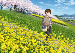 Rule 34 | 1boy, 1girl, bag, black pants, blue sky, bridge, brown eyes, brown hair, brown jacket, bug, butterfly, camera, cherry blossoms, closed mouth, cloud, field, flower, flower field, grass, highres, holding, holding camera, insect, jacket, looking at viewer, open clothes, open jacket, original, pants, papi (papiron100), rapeseed blossoms, shirt, short hair, shoulder bag, sky, smile, solo focus, spring (season), tree, white shirt