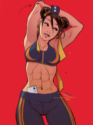 Rule 34 | 1girl, abs, adapted costume, armpits, arms up, arrow (symbol), breasts, capcom, cellphone, chun-li, commentary, crescent, crescent earrings, double bun, earrings, english commentary, hair ribbon, jewelry, medium breasts, midriff, muscular, muscular female, navel, pants, phone, red background, ribbon, simple background, smartphone, smartphone in legwear, solo, sports bra, stomach, street fighter, street fighter zero (series), stretching, studded bracelet, sweat, thick thighs, thighs, vashperado, yellow ribbon, yoga pants, zipper