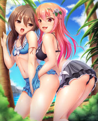 Rule 34 | 1boy, 1girl, :3, :d, :o, armlet, ass, bare arms, bare legs, bare shoulders, bikini, bikini skirt, black bikini, blue bikini, blue sky, blurry, blush, bow, breasts, brown eyes, bush, cameltoe, cloud, collarbone, covering privates, covering crotch, crossdressing, day, fang, female pervert, flower, from side, green bow, groping, hair between eyes, hair bow, hair flower, hair ornament, hand under clothes, hand under skirt, heart, heart-shaped pupils, hetero, highres, hiro (725611), kneepits, long hair, looking back, medium breasts, naughty face, navel, nose blush, ocean, open mouth, original, outdoors, palm tree, penis grab, pervert, ponytail, red eyes, red ribbon, ribbon, rose, shiny skin, sky, small breasts, smile, standing, sunlight, sweat, swimsuit, symbol-shaped pupils, tongue, trap, tree, trefoil, white flower, white rose