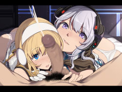 Rule 34 | 1boy, 2girls, after fellatio, ass, blonde hair, blue eyes, blush, censored, clothes lift, commentary request, cum, earmuffs, ejaculation, erection, evelysse (star ocean), gloves, hairband, headphones, highres, long hair, looking at penis, looking at viewer, male pubic hair, mosaic censoring, multiple girls, nagioka, on bed, open mouth, paid reward available, panties, penis, pink panties, pleated skirt, pov, pubic hair, purple eyes, silver hair, skirt, skirt lift, star ocean, star ocean anamnesis, thong, tika blunche, underwear, white gloves, white hairband, white panties, white skirt