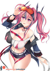 Rule 34 | 1girl, :p, adjusting eyewear, armpits, azur lane, bare shoulders, belt, bikini, bikini under clothes, black choker, black shorts, blue jacket, blush, breasts, bremerton (azur lane), buckle, choker, cleavage, collarbone, commentary, covered erect nipples, cowboy shot, crop top, crop top overhang, cutoffs, euforia, eyewear on head, grey belt, grey hair, hair between eyes, hair intakes, hair ornament, hand up, highleg, highleg bikini, jacket, large breasts, lifebuoy, long hair, long sleeves, looking at viewer, midriff, multicolored hair, navel, navel piercing, no mole, off-shoulder jacket, off-shoulder shirt, off shoulder, patreon logo, patreon username, piercing, pink bikini, pink eyes, pink hair, red-tinted eyewear, shirt, short shorts, shorts, side-tie bikini bottom, sidelocks, simple background, smile, snap-fit buckle, solo, standing, streaked hair, sunglasses, sunglasses on head, swim ring, swimsuit, thigh strap, tinted eyewear, tongue, tongue out, twintails, two-tone hair, two-tone shirt, watermark, web address, white background, wristband
