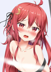 Rule 34 | 1girl, antenna hair, bad id, bad pixiv id, black ribbon, blue background, blush, breasts, censored nipples, collarbone, commentary request, crescent, crescent hair ornament, hair between eyes, hair ornament, hair ribbon, head tilt, highres, kantai collection, light censor, long hair, looking at viewer, nedia (nedia region), nude, open mouth, red eyes, red hair, ribbon, small breasts, solo, tears, uzuki (kancolle), very long hair