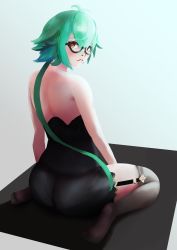 Rule 34 | 1girl, absurdres, artist request, ass, bare shoulders, blush, from behind, garter straps, genshin impact, glasses, green hair, highres, long hair, looking at viewer, looking back, low ponytail, multicolored hair, orange eyes, shiny clothes, shorts, sitting, smile, solo, sucrose (genshin impact), thighhighs, very long hair, wariza