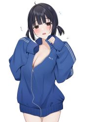 Rule 34 | 1girl, ahoge, black hair, blue jacket, blunt bangs, blush, breasts, brown eyes, cleavage, collarbone, cowboy shot, flying sweatdrops, hair intakes, highres, jacket, large breasts, looking at viewer, medium hair, naked jacket, open mouth, original, oversized clothes, partially unzipped, simple background, sleeves past fingers, sleeves past wrists, smile, solo, tareme, thigh gap, track jacket, translation request, two side up, uiri-na, white background