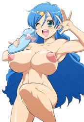 Rule 34 | 00s, 1girl, armpits, blue eyes, blue hair, breasts, dildo, female focus, groin, hair ornament, hairclip, hokuto (tokuho), houshou hanon, huge breasts, leg lift, long hair, matching hair/eyes, mermaid melody pichi pichi pitch, navel, nipples, nude, one eye closed, open mouth, puffy nipples, sex toy, simple background, solo, standing, white background, wink