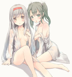 Rule 34 | 10s, 2girls, :o, angry, bare shoulders, barefoot, black hair, blush, breasts, brown eyes, collarbone, covering privates, covering breasts, female focus, grey eyes, hair ribbon, hairband, highres, isegawa yasutaka, kantai collection, long hair, long sleeves, looking at viewer, multiple girls, naked shirt, off shoulder, open clothes, open mouth, open shirt, revision, ribbon, see-through, shirt, shoukaku (kancolle), silver hair, simple background, sitting, small breasts, twintails, very long hair, zuikaku (kancolle)