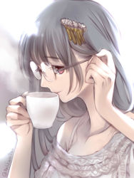 Rule 34 | 10s, 1girl, alternate costume, bespectacled, black hair, bra, bra strap, cup, drinking, eyelashes, fringe trim, from side, fusou (kancolle), glasses, hair ornament, tucking hair, holding, kantai collection, looking at viewer, off-shoulder, off-shoulder sweater, off shoulder, primary stage, profile, red eyes, solo, sweater, twitter username, underwear, upper body, white bra