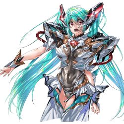 Rule 34 | 1girl, absurdres, blue hair, breasts, covered navel, floating hair, hatsune miku, highres, long hair, looking at viewer, mecha musume, medium breasts, open mouth, paintedmike, red eyes, solo, twintails, vocaloid, white background