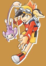 Rule 34 | 1boy, aipom, backpack, backwards hat, bag, black hair, brown background, creatures (company), cue stick, cyndaquil, drop shadow, ethan (pokemon), full body, game freak, gen 2 pokemon, hat, highres, holding cue stick, jacket, long sleeves, male focus, nintendo, open mouth, pokemon, pokemon (creature), pokemon adventures, red footwear, red jacket, sawa (soranosawa), shorts, teeth, upper teeth only, white bag, yellow eyes, yellow headwear, yellow shorts