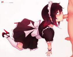 Rule 34 | 1boy, 1girl, all fours, alternate costume, black hair, bluefield, blush, choker, clothed female nude male, dress, enmaided, fellatio, grey eyes, hetero, high heels, highres, kneeling, leg wear, long hair, looking up, maid, maid headdress, male pubic hair, nude, oral, penis, pubic hair, ruby rose, rwby, sandals, simple background, solo focus, thighhighs, uncensored, white background