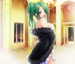Rule 34 | 1girl, breasts, coat, dress, earrings, green eyes, green hair, jewelry, large breasts, matching hair/eyes, official art, rave, reina (rave), white dress