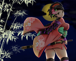 Rule 34 | 1girl, armor, ass, bamboo, black hair, breasts, brown eyes, covered erect nipples, flower, full moon, hair flower, hair ornament, japanese armor, japanese clothes, katana, large breasts, looking at viewer, looking back, momohime, moon, night, oboro muramasa, only haruka, shadow, solo, sword, thighhighs, wallpaper, weapon, zettai ryouiki