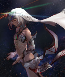 Rule 34 | 10s, 1girl, altera (fate), ass, bare shoulders, black nails, dark skin, dark-skinned female, detached sleeves, fate/extella, fate/extra, fate/grand order, fate (series), full-body tattoo, highres, looking at viewer, midriff, nail polish, nuda, red eyes, revealing clothes, short hair, solo, space, tattoo, veil, white hair