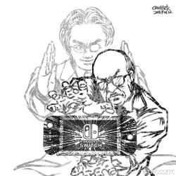 Rule 34 | &gt;:(, &gt;:), 2017, 2boys, artist name, balding, crossztc, dated, dragon ball, dragonball z, emphasis lines, formal, frown, glasses, greyscale, handheld game console, highres, iwata satoru, joy-con, kamehameha (dragon ball), kimishima tatsumi, looking at viewer, male focus, monochrome, multiple boys, nintendo, nintendo switch, parody, real life, real life insert, smile, suit, twitter username, v-shaped eyebrows