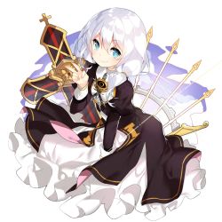 Rule 34 | 1girl, artist request, blue eyes, closed mouth, cross (weapon), hair between eyes, highres, honkai (series), honkai impact 3rd, long sleeves, looking at viewer, nun, side ponytail, simple background, smile, solo, theresa apocalypse, theresa apocalypse (valkyrie pledge), v, white background, white hair
