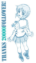 Rule 34 | 1girl, bbb (friskuser), blouse, blue theme, english text, from behind, full body, girls und panzer, highres, loafers, long sleeves, looking at viewer, looking back, milestone celebration, miniskirt, monochrome, neckerchief, nishizumi miho, ooarai school uniform, open mouth, pleated skirt, school uniform, serafuku, shirt, shoes, short hair, skirt, smile, socks, solo, standing, thank you