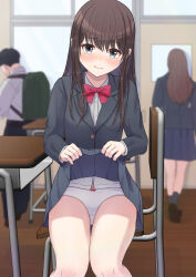 Rule 34 | 1boy, 2girls, black jacket, black skirt, blazer, blue eyes, blurry, blurry background, blush, bow, bow panties, brown hair, chair, classroom, closed mouth, clothes lift, commentary request, crotch seam, depth of field, desk, dress shirt, frown, highres, indoors, jacket, lakuha (dwtk2424), lifting own clothes, long hair, miniskirt, multiple girls, on chair, original, panties, partial commentary, pleated skirt, red bow, school chair, school desk, school uniform, shirt, sitting, skirt, skirt lift, solo, solo focus, underwear, white panties, white shirt