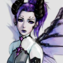 Rule 34 | 1girl, bad id, bad pixiv id, bodysuit, breasts, dark persona, demon girl, demon horns, earrings, emblem, eyelashes, facial mark, facing viewer, forehead mark, high ponytail, highres, horns, imp mercy, jewelry, lips, lipstick, looking away, looking to the side, makeup, mechanical wings, mercy (overwatch), nvalkyrja, official alternate costume, overwatch, overwatch 1, patch, ponytail, portrait, purple eyes, purple hair, purple lips, purple wings, simple background, sketch, small breasts, solo, spread wings, stud earrings, white background, wings