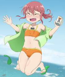 Rule 34 | 1girl, beer can, bikini, blue sky, can, cellphone, closed eyes, cloud, day, drink can, flat chest, flip-flops, full body, glasses, green shirt, highres, kobayashi-san chi no maidragon, kobayashi (maidragon), motokazu (dontokodon), object in clothes, object in swimsuit, official style, open clothes, open mouth, open shirt, orange bikini, outdoors, phone, pink hair, ponytail, sandals, shirt, single sandal, sky, smartphone, solo, swimsuit, teeth, unworn sandals, upper teeth only