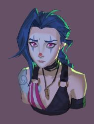Rule 34 | 1girl, aina (mayexplode), arcane: league of legends, arcane jinx, asymmetrical bangs, bare shoulders, batman (series), blue hair, braid, breasts, bullet, closed mouth, cloud tattoo, collarbone, crop top, cropped torso, detached sleeves, highres, jewelry, jinx (league of legends), joker (2019), league of legends, long hair, necklace, o-ring, pink eyes, red nose, shoulder tattoo, simple background, small breasts, solo, tattoo