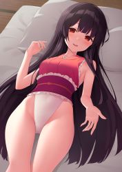 Rule 34 | 1girl, bare arms, bare shoulders, black hair, blush, breasts, collarbone, commentary request, commission, covered navel, futon, hand up, highres, hime cut, houraisan kaguya, japanese clothes, kanpa (campagne 9), kimono, long hair, looking at viewer, lying, medium breasts, obi, obijime, on back, on bed, one-piece swimsuit, open mouth, pink kimono, pixiv commission, red eyes, sash, sideboob, sleeveless, sleeveless kimono, smile, solo, swimsuit, swimsuit under clothes, tatami, thigh gap, thighs, touhou, very long hair, white one-piece swimsuit