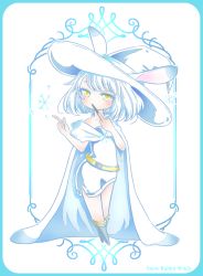 Rule 34 | 1girl, animal ears, cape, full body, hat, highres, index finger raised, looking at viewer, medium hair, original, rabbit ears, ruin8095s, snowflakes, solo, standing, tachi-e, wand, white cape, white hair, white hat, witch, witch hat, yellow eyes