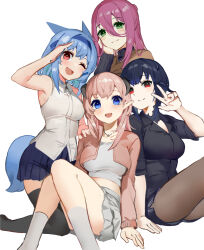 Rule 34 | 4girls, :d, akizone, animal ears, arm support, bare arms, bare shoulders, black shirt, black thighhighs, blue eyes, blue hair, blue hairband, breasts, brown pantyhose, closed mouth, crop top, feet out of frame, final fantasy, final fantasy xiv, grey shirt, grey skirt, hairband, highres, jacket, jewelry, knees up, large breasts, layered skirt, looking at viewer, multiple girls, necklace, open clothes, open jacket, open mouth, pantyhose, pink jacket, purple hair, red eyes, shirt, skirt, smile, socks, thighhighs, w, warrior of light (ff14)