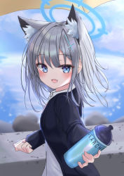 Rule 34 | 1girl, absurdres, animal ear fluff, animal ears, black jacket, blue archive, blue eyes, blush, bottle, cat ears, cloud, grey hair, hair ornament, halo, highres, jacket, long sleeves, looking at viewer, looking back, medium hair, ocean, open clothes, open mouth, pu lona, shiroko (blue archive), shirt, sky, solo, water bottle, white shirt