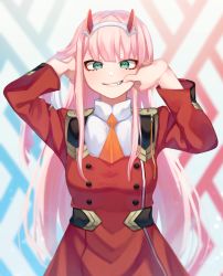 Rule 34 | 1girl, absurdres, akr tmr, arms up, blunt bangs, blush, darling in the franxx, fang, green eyes, grin, highres, horns, long hair, long sleeves, looking at viewer, parted lips, pink hair, smile, solo, teeth, zero two (darling in the franxx)