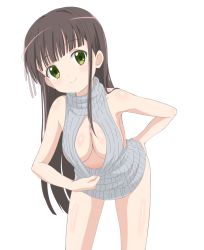 Rule 34 | 1girl, bare arms, bare shoulders, blunt bangs, breasts, brown hair, cleavage, cleavage cutout, closed mouth, clothing cutout, commentary request, cowboy shot, dress, flower, gochuumon wa usagi desu ka?, green eyes, grey sweater, hair flower, hair ornament, hand on own hip, highres, leaning forward, long hair, looking at viewer, medium breasts, meme attire, no bra, ribbed sweater, ribbon, simple background, sincos, sleeveless, sleeveless turtleneck, smile, solo, standing, sweater, sweater dress, turtleneck, turtleneck sweater, ujimatsu chiya, virgin killer sweater, white background, white flower, white ribbon