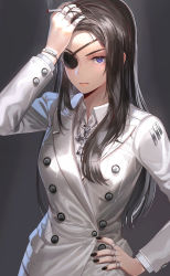 Rule 34 | 1girl, absurdres, arm up, black nails, brown hair, buttons, cigarette, collared shirt, commentary, cross, english commentary, eyepatch, hand on own hip, hand on own head, highres, holding, holding cigarette, jacket, jewelry, kfr, long hair, long sleeves, looking at viewer, multiple rings, nail polish, necklace, original, parted lips, purple eyes, ring, shirt, simple background, solo, upper body, v-shaped eyebrows, white jacket