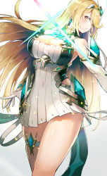 Rule 34 | 1girl, absurdres, armor, bare shoulders, blonde hair, blush, breasts, chest jewel, cleavage, cleavage cutout, clothing cutout, dress, earrings, elbow gloves, evers, gem, gloves, headpiece, highres, jewelry, large breasts, legs, long hair, mythra (xenoblade), nintendo, shoulder armor, solo, standing, swept bangs, thigh strap, thighs, tiara, xenoblade chronicles (series), xenoblade chronicles 2, yellow eyes
