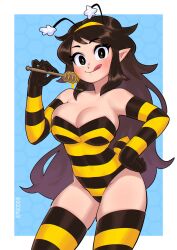 Rule 34 | 1girl, 333 (dqqqdle), :q, artist name, bare shoulders, bee costume, black gloves, blonde hair, blue background, blush, border, breasts, cowboy shot, fake antennae, gloves, groin, hand on own hip, hand up, highres, holding, large breasts, leaning forward, leotard, long hair, looking at viewer, original, smile, solo, stinger, striped clothes, striped leotard, striped thighhighs, thighhighs, tongue, tongue out, white border, yellow gloves