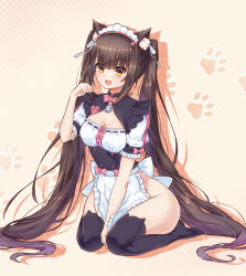 Rule 34 | 10s, 1girl, :3, :d, animal ear legwear, animal ears, apron, bell, between legs, blunt bangs, bow, bowtie, breasts, brown hair, buttons, cat ear legwear, cat ears, character name, chocola (nekopara), cleavage, cleavage cutout, clothing cutout, dress, frilled apron, frills, full body, groin, hair ribbon, hand between legs, hand up, heart, jingle bell, long hair, looking at viewer, maid, maid headdress, medium breasts, nekopara, no panties, open mouth, paw pose, paw print, paw print background, pink bow, pink bowtie, puffy short sleeves, puffy sleeves, ribbon, short sleeves, sitting, slit pupils, smile, solo, thighhighs, twintails, very long hair, waist apron, white apron, white ribbon, yellow eyes, yitiao yuxian