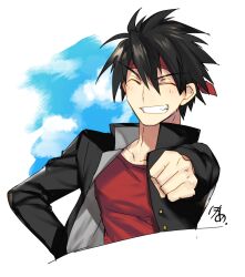 Rule 34 | 1boy, ^ ^, black hair, black jacket, blush, clenched hand, closed eyes, commentary request, cropped torso, grin, hand on own hip, happy, headband, inohara masato, jacket, little busters!, long sleeves, male focus, nikame, open clothes, open jacket, red headband, red shirt, shirt, short hair, signature, simple background, sketch, smile, solo, spiked hair, v-shaped eyebrows, white background