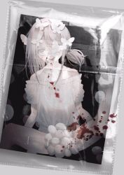 Rule 34 | 1girl, :p, bare shoulders, blood, blood on clothes, blood on face, blood stain, blush, collarbone, dress, egg, grey hair, highres, long hair, looking at viewer, off-shoulder dress, off shoulder, one side up, original, photo (object), plastic wrap, ryuuforkaf, smile, solo, tongue, tongue out, white dress
