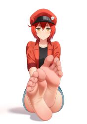 Rule 34 | 1girl, absurdres, ae-3803, ahoge, barefoot, black shirt, blue shorts, cabbie hat, collarbone, commentary, denim, denim shorts, english commentary, feet, foot focus, foreshortening, full body, furrowed brow, hair between eyes, hat, hataraku saibou, highres, jacket, light blush, light frown, looking at viewer, on ground, red blood cell (hataraku saibou), red hair, red hat, red jacket, shadow, shirt, short hair, shorts, simple background, sitting, soles, solo, toes, white background, yellow eyes, yisusjpl