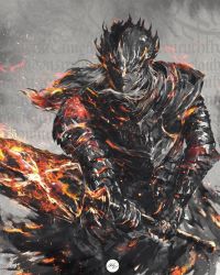 Rule 34 | 1boy, armor, clenched teeth, covered eyes, dark souls (series), full armor, gauntlets, helmet, highres, holding, holding sword, holding weapon, long hair, lorian (elder prince), male focus, pauldrons, shimhaq, shoulder armor, signature, solo, sword, teeth, two-handed, weapon