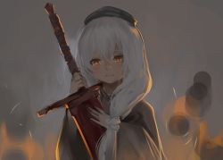 Rule 34 | 1girl, beret, black hat, blurry, blurry background, character request, closed mouth, crying, crying with eyes open, dark souls (series), depth of field, dokomon, grey background, hair between eyes, hat, highres, holding, holding sword, holding weapon, long hair, long sleeves, looking at viewer, orange eyes, painting woman (dark souls), solo, sword, tears, upper body, weapon, white hair, wide sleeves