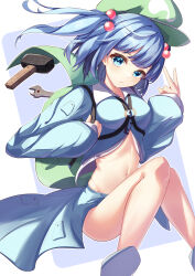 Rule 34 | 1girl, absurdres, backpack, bag, blue background, blue eyes, blue hair, blue skirt, closed mouth, commentary request, feet out of frame, flat cap, green hat, hair bobbles, hair ornament, hammer, hat, highres, kawashiro nitori, long sleeves, looking at viewer, navel, saniraku, skirt, solo, stomach, thighs, touhou, wrench