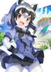 Rule 34 | 10s, 1girl, :d, absurdres, adapted costume, animal ears, armor, black bow, black bowtie, black gloves, black hair, black skirt, blue armor, blue shirt, blue sky, bow, bowtie, breasts, brown eyes, bucket hat, cloud, commentary request, common raccoon (kemono friends), cowboy shot, day, elbow gloves, fang, fur collar, gloves, grass, grey hair, grey hat, hair between eyes, hands on own hips, hat, hat feather, highres, kemono friends, legs apart, light particles, looking at viewer, medium hair, multicolored hair, open mouth, outdoors, pantyhose, plackart, pleated skirt, raccoon ears, raccoon tail, sandstar, shirt, short sleeves, skirt, sky, small breasts, smile, solo, standing, striped tail, tail, tree, tsurime, v-shaped eyebrows, volcano, white hair, white pantyhose, wind, wind lift, zelitto
