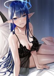 Rule 34 | 1girl, alternate costume, arm support, babydoll, bed sheet, black babydoll, blue archive, blue eyes, blue hair, blush, breasts, cleavage, collarbone, halo, highres, indoors, large breasts, looking at viewer, nicky w, no eyewear, on bed, pillow, pointy ears, rin (blue archive), sitting, solo, yokozuwari