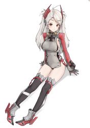 Rule 34 | 1girl, absurdres, antenna hair, arescr, armpit cutout, artist name, azur lane, black panties, black thighhighs, clothing cutout, commentary, cross, english commentary, full body, gloves, grey gloves, hair ornament, highres, iron cross, long hair, long sleeves, looking at viewer, panties, prinz eugen (azur lane), silver hair, simple background, sitting, smile, solo, thighhighs, two-tone gloves, two side up, underwear, white background, yellow eyes