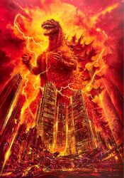 Rule 34 | building, city, destruction, dinosaur, electricity, energy, epic, fangs, glowing, glowing eyes, godzilla, godzilla (series), highres, kaijuu, movie poster, no humans, no pupils, official art, ohrai noriyoshi, orange electricity, orange eyes, red sky, sharp teeth, sky, skyscraper, spikes, tail, teeth, textless version, the return of godzilla, toho